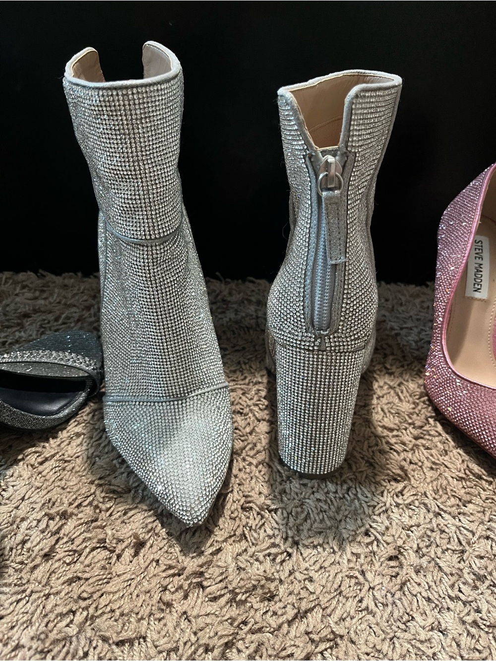 Steve Madden Silver Rhinestone Block-Heel Ankle Boots
